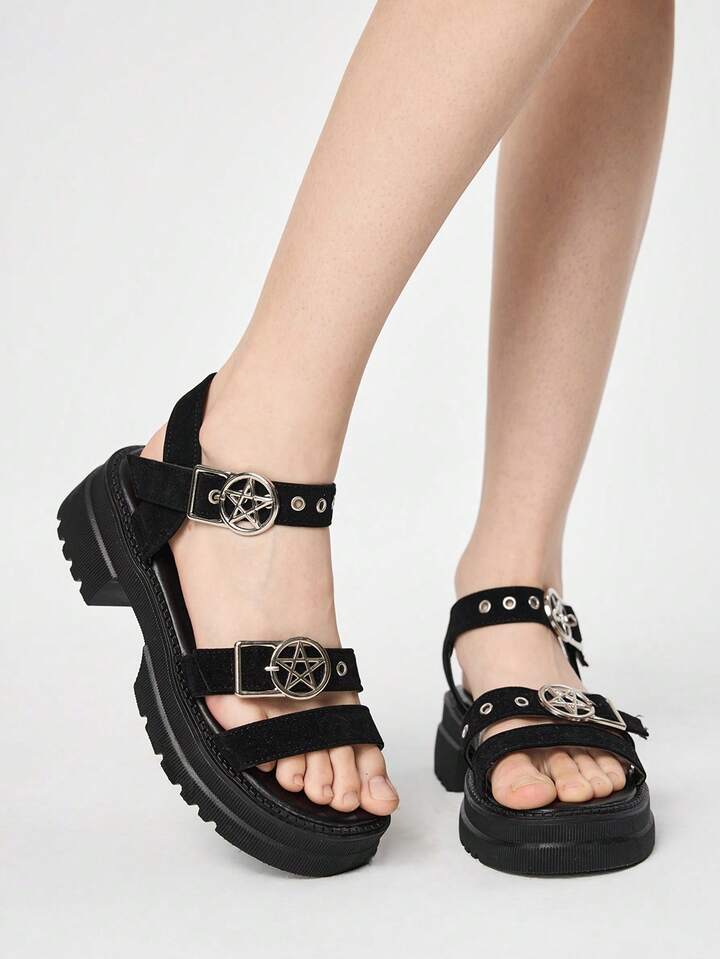 Women's Summer Open Toe Dark Rock Punk Goth Roman Beach Sandals, Star Strap Platform Wedge Sandals Spring Shoes Spring Break Easter, Halloween For Christmas