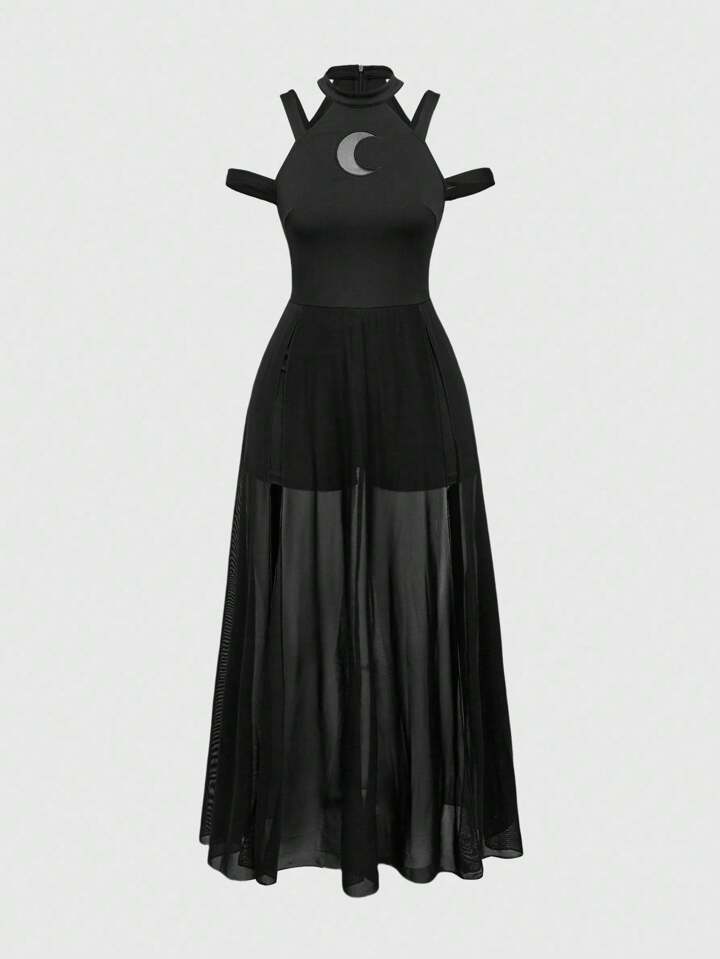 Back To School 1pc Gothic Dark Moon Hollow Mesh Patchwork Off-Shoulder Plus Size Women Dress Moon Dress Black See Through Dress
