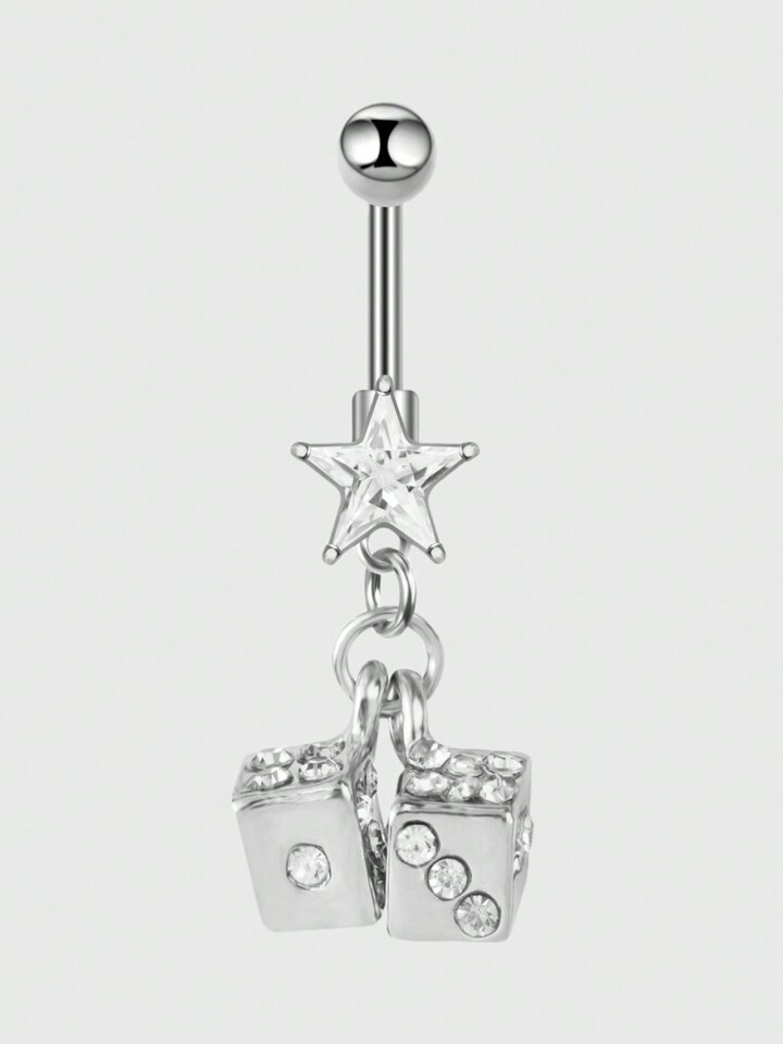 Kawaii 1pc Stainless Steel Rhinestone Pentagram Dice Navel Piercing For Women