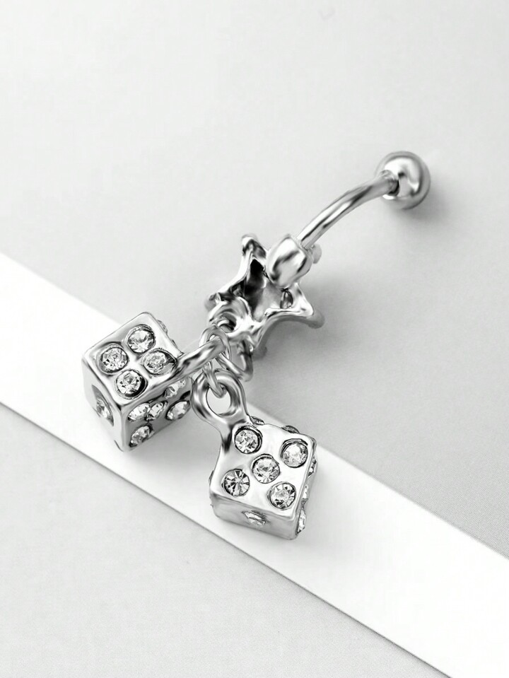 Kawaii 1pc Stainless Steel Rhinestone Pentagram Dice Navel Piercing For Women