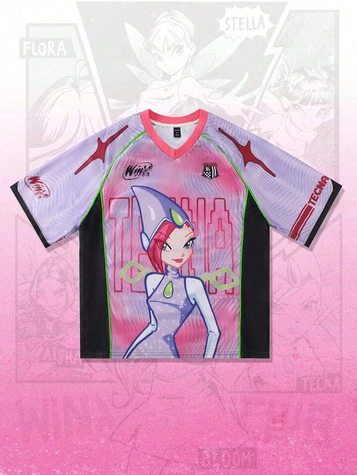 Winx Club X ROMWE Men's Anime Jersey Contrast Mesh Short Sleeve Sports T-Shirt, Athletic Jersey, 2000s Style