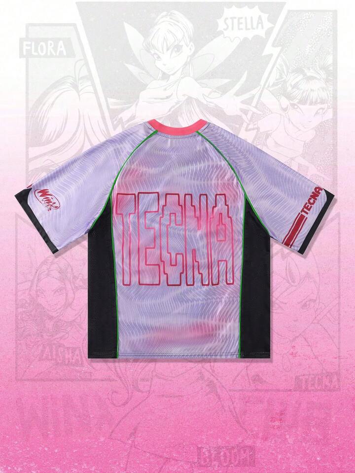 Winx Club X ROMWE Men's Anime Jersey Contrast Mesh Short Sleeve Sports T-Shirt, Athletic Jersey, 2000s Style