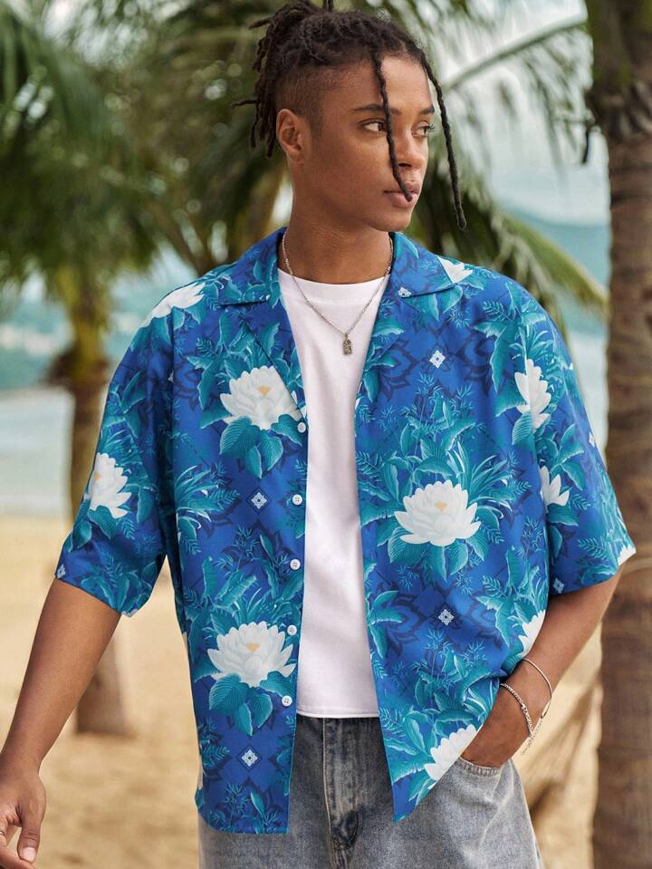 The White Lotus Floral Print Front Button Casual Short Sleeve Shirt