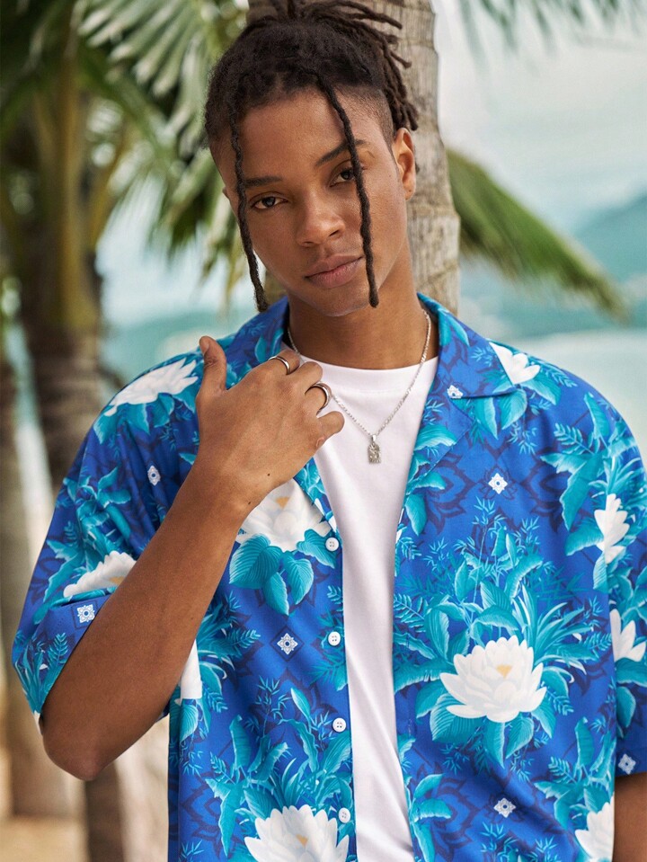 The White Lotus Floral Print Front Button Casual Short Sleeve Shirt