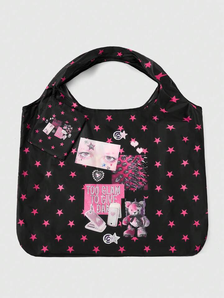 Goth 1pc Fashionable Eye-Shaped Celestial Motif Storage Pouch, Large Capacity Foldable Tote Bag With Coin Purse