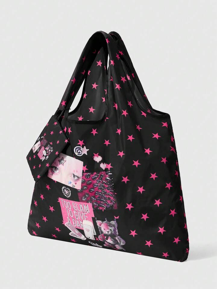 Goth 1pc Fashionable Eye-Shaped Celestial Motif Storage Pouch, Large Capacity Foldable Tote Bag With Coin Purse