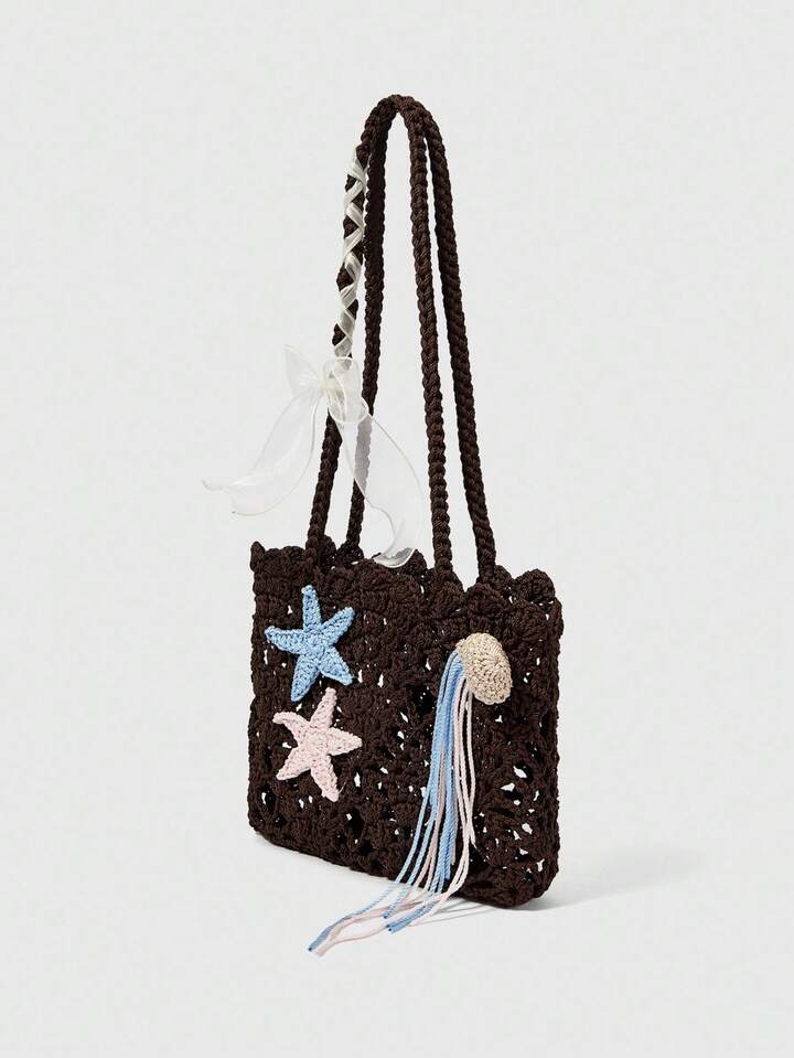 Kawaii Women's Bohemian Style Handmade Crochet One Shoulder Bag With Starfish Decor, Suitable For Vacation