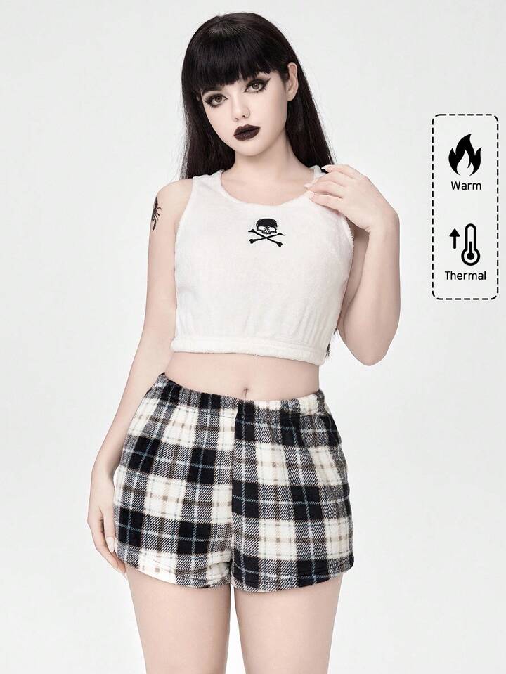 Women Gothic Flannel Tank Top & Plaid Shorts Pajama Set, Skeleton Embroidery Casual Sleepwear, Cozy Winter Clothes, Fluffy