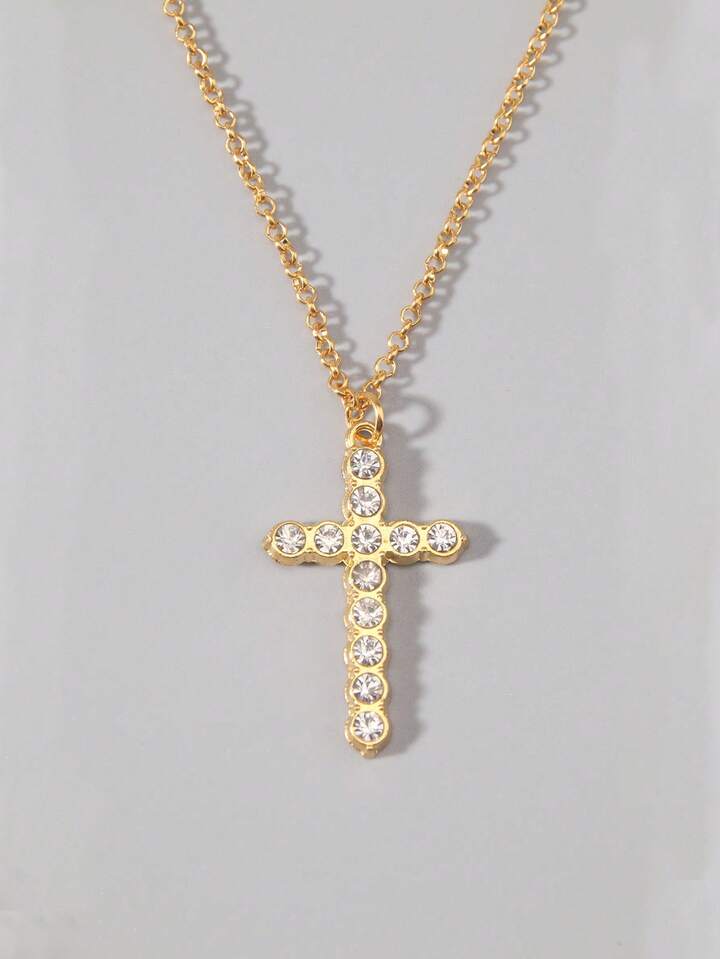 1pc Gothic Luxury Cross Pendant Necklace With Rhinestones, Holiday Party Gift, Halloween