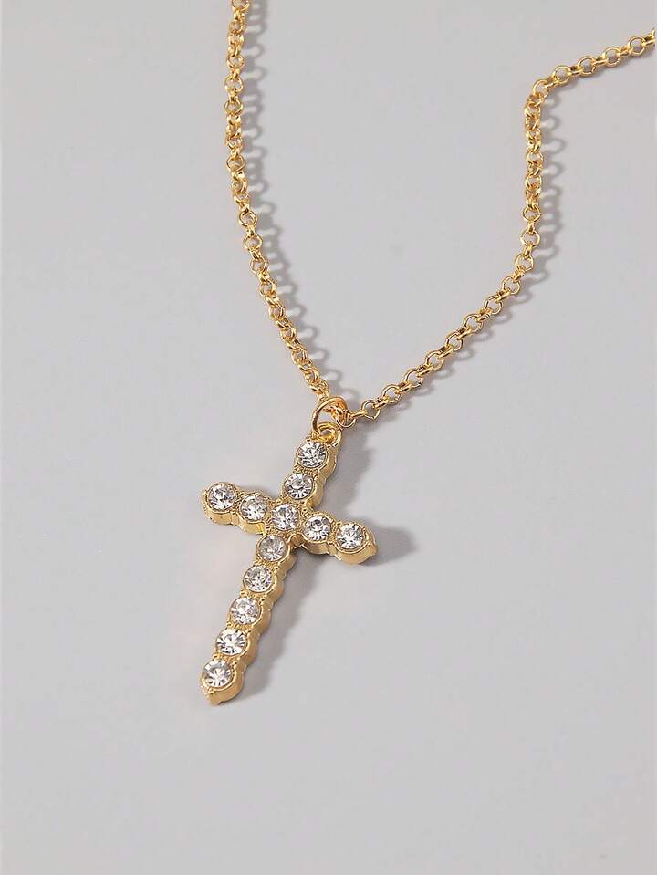 1pc Gothic Luxury Cross Pendant Necklace With Rhinestones, Holiday Party Gift, Halloween