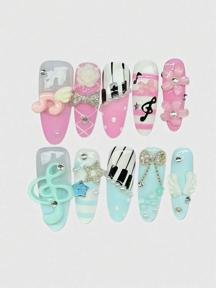 Kawaii Cute Lace Edged Romantic Heart Ballerina Style Bow White Wings Metal Music Note Pink Series Handmade False Nail Tips, Mass Produced Energetic Girl Wear, Suitable For Daily Outings And Dates