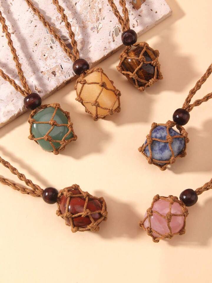 Fairycore Vintage Bohemian Style One Random Natural Stone Pendant Necklace