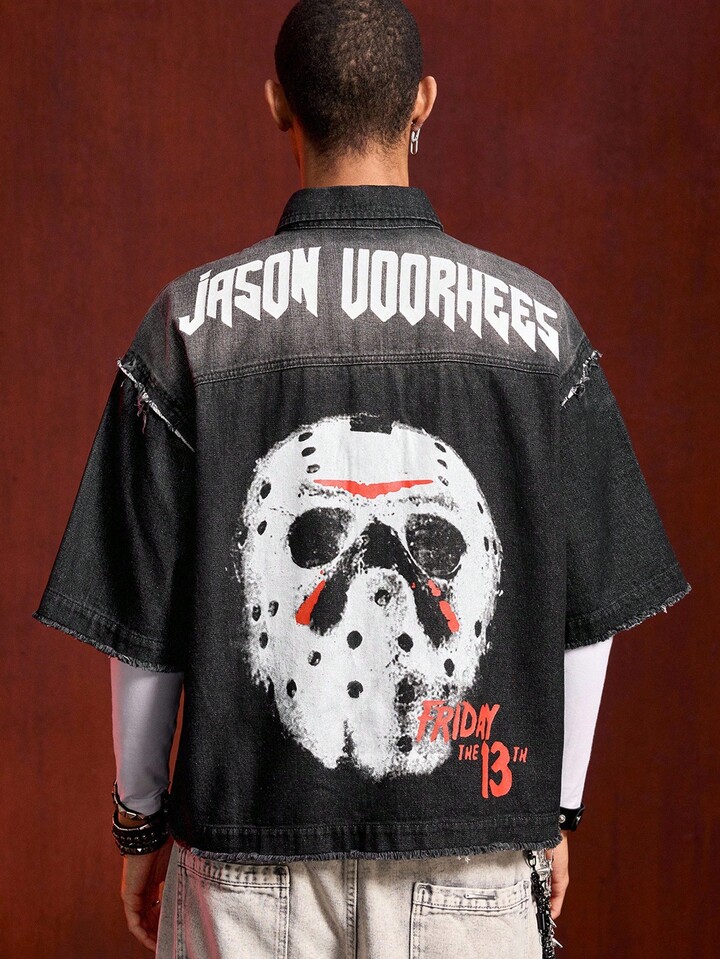 Friday the 13th X ROMWE Men's Letter And Mask Printed Washed Raw Edge Flap Pocket Denim Shirt