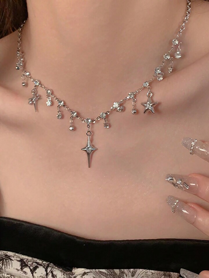 Goth 1pc Fashion Iron Alloy Rhinestone & Star Charm Necklace For Women For Daily Decoration