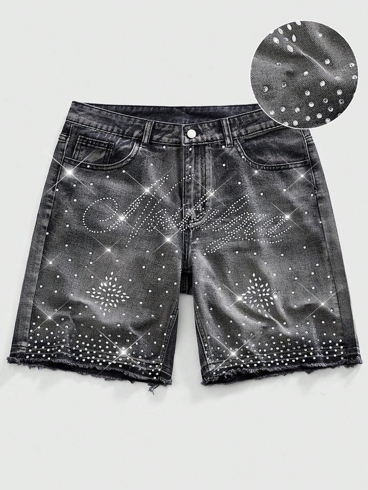 Men's Letter Rhinestone Decor Pocket Casual Loose Denim Shorts