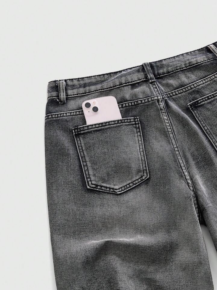 Men's Letter Rhinestone Decor Pocket Casual Loose Denim Shorts