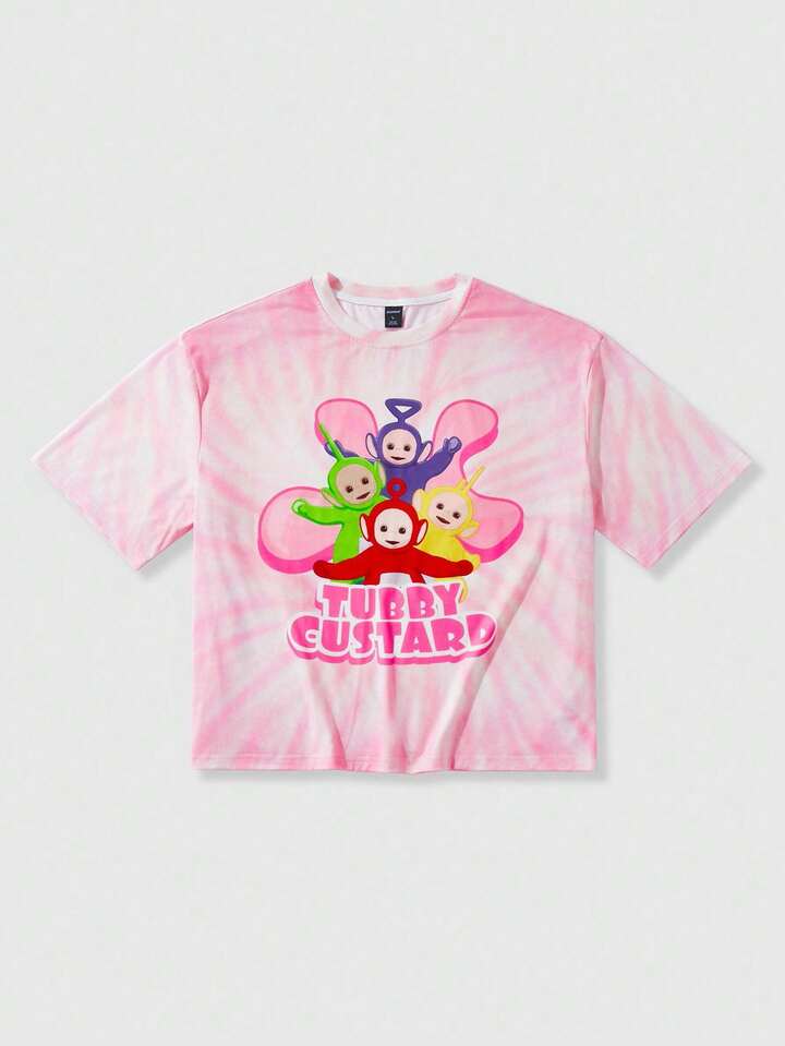 Teletubbies X ROMWE Men's Casual Tie-Dye Cartoon Graphic Round Neck Short Sleeve T-Shirt, Summer