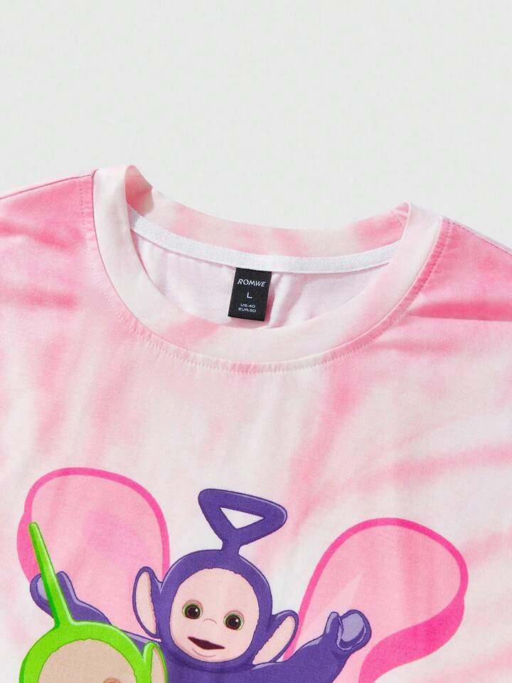Teletubbies X ROMWE Men's Casual Tie-Dye Cartoon Graphic Round Neck Short Sleeve T-Shirt, Summer