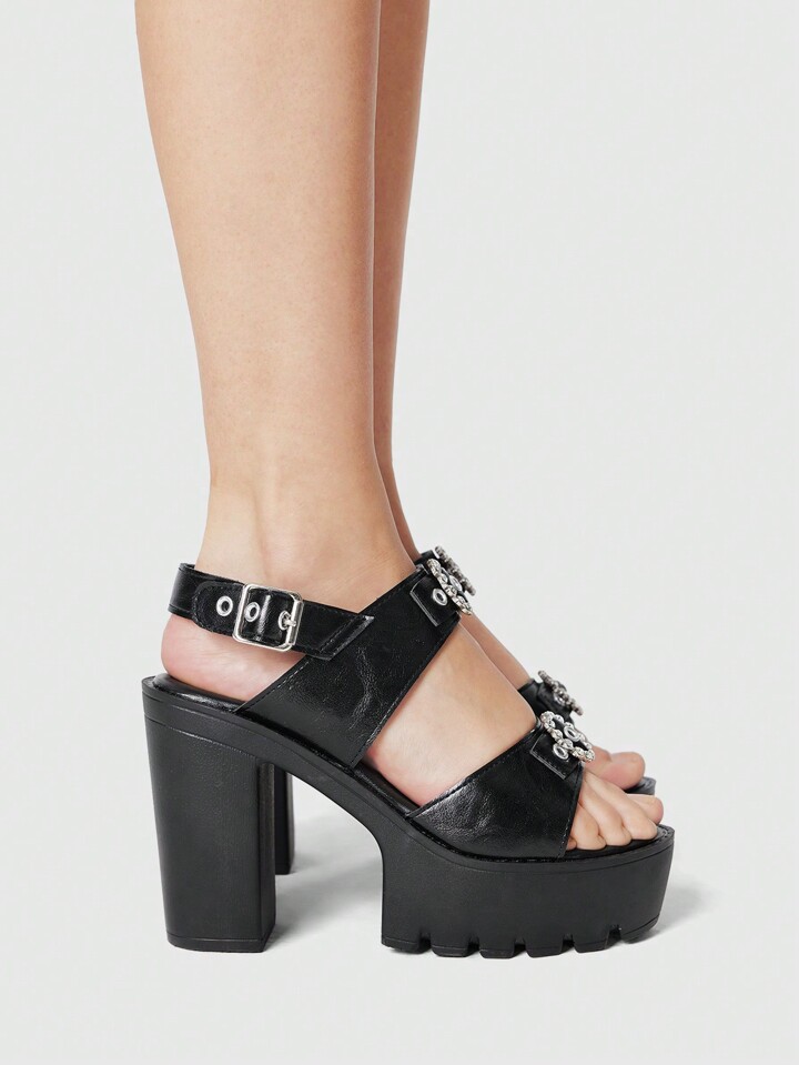 Women Summer Open Toe Platform Sandals, Goth Punk Rivet Decor Ankle Strap Dress Shoes, Chunky Heels Work Office Formal Party Sandals, Halloween