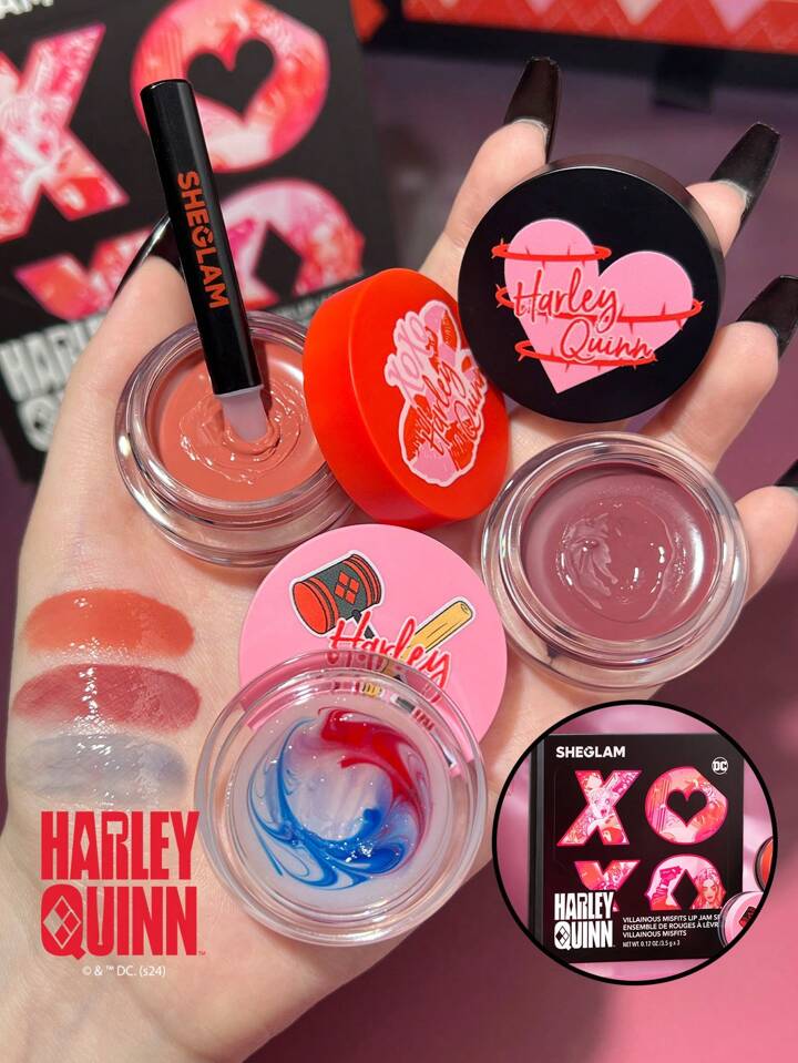 Harley Quinn X SHEGLAM Villainous Misfits Lip Jam Set 3 Pcs Moisturizing Lip Gloss Natural Non-Stick Lip Care Hydrating Lip Combo Brand Beauty Makeup Face Paint Cosmetic For Women Girls Perfect For Winter Spring Ideal For Y2K Fancy Fashion Suitable For Birthday Gift Party Ready Best Color