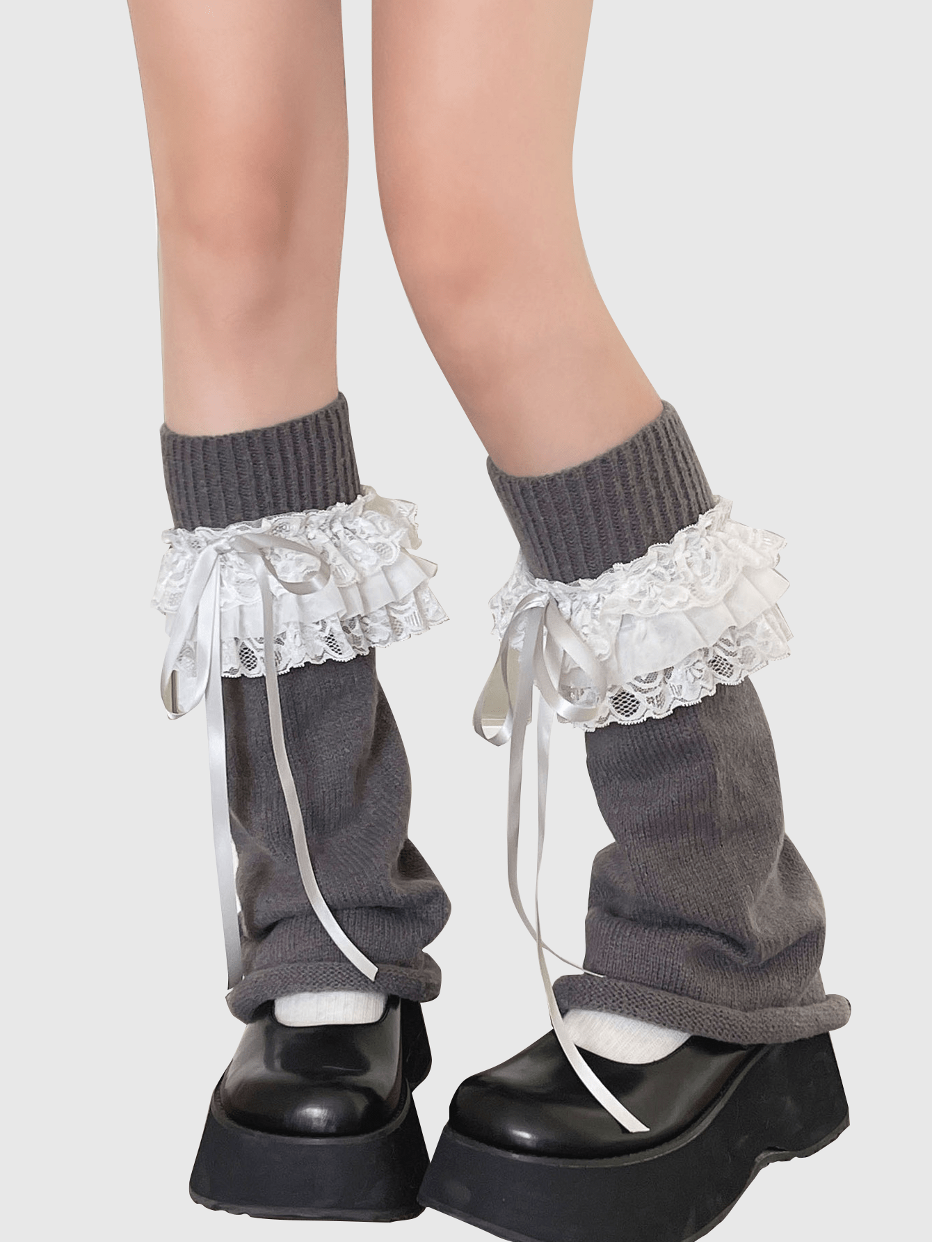Kawaii 1 Piece Of Gray Lace Satin Ribbon Knit Leg Warmers With Bow And Lace Ties