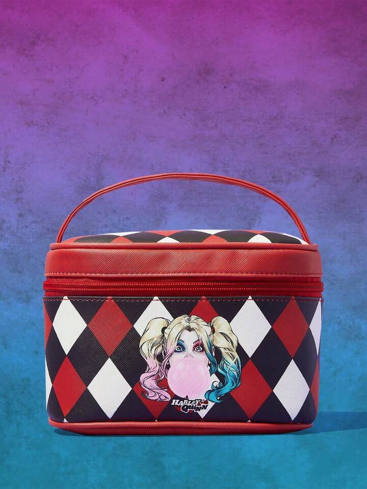 Harley Quinn | ROMWE Cartoon Character Plaid Cosmetic Bag, For Storing Toiletries And Makeup