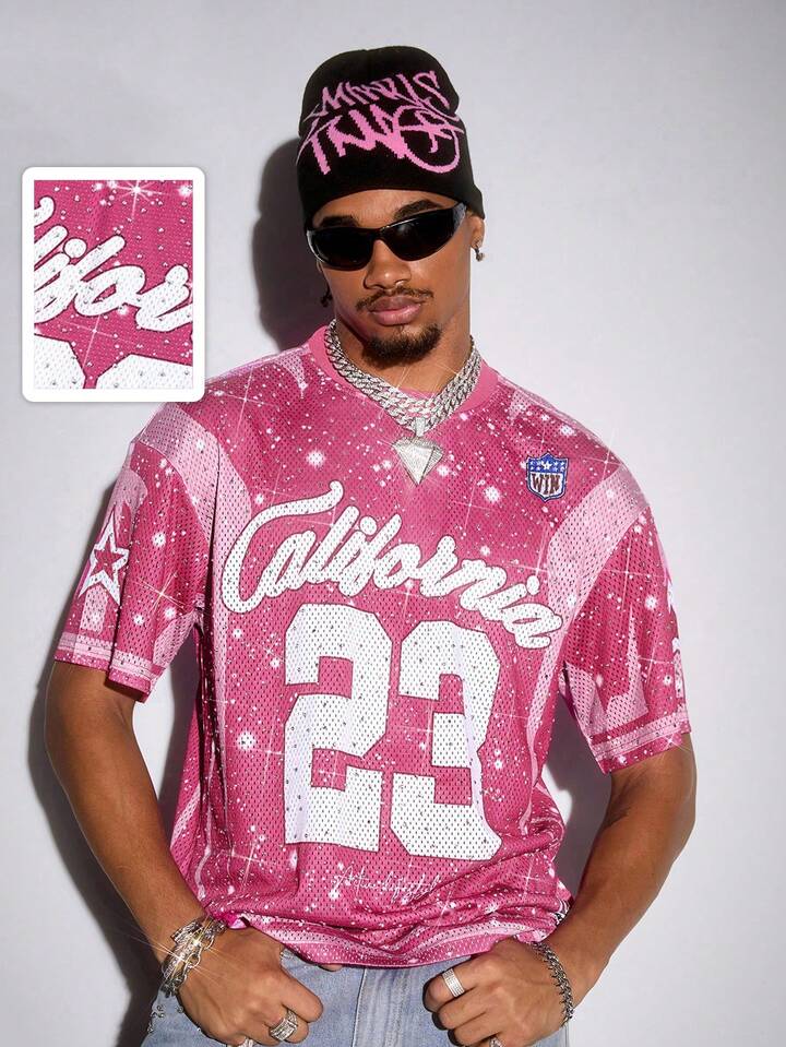 Men's Street Life Sporty Summer New Design All Over Print Rhinestone T-Shirt, Rave, 2000s Style