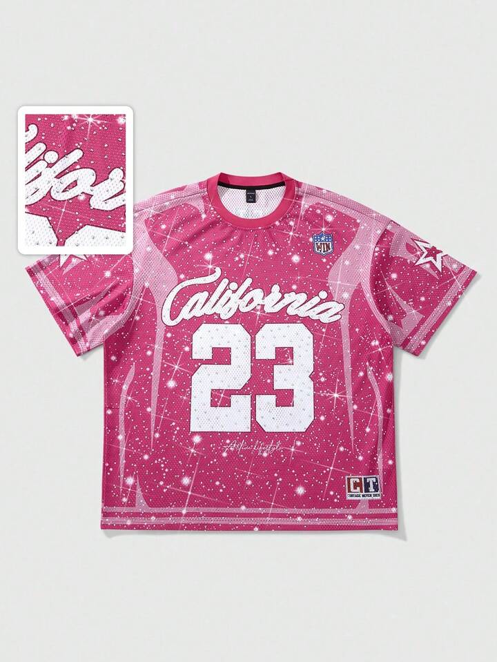 Men's Street Life Sporty Summer New Design All Over Print Rhinestone T-Shirt, Rave, 2000s Style