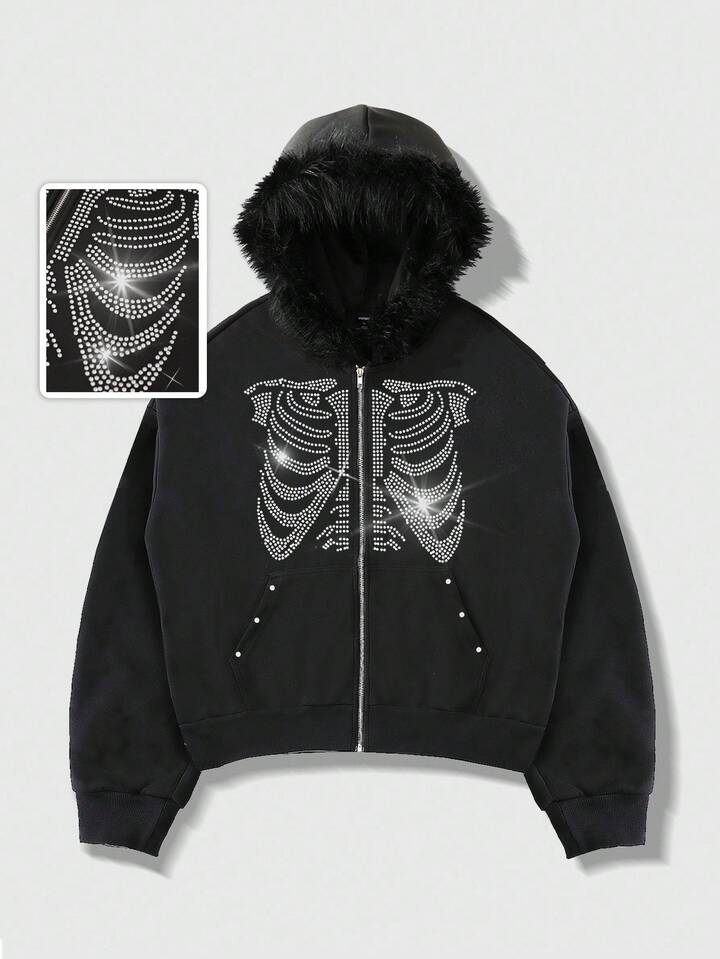 Anime Men Oversized Sparkly Diamond Fuzzy Collar Hoodie Sweatshirt, Loose Short Style, Fall Winter