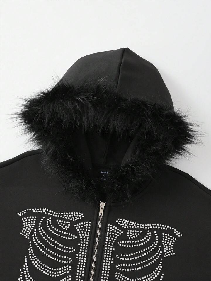 Anime Men Oversized Sparkly Diamond Fuzzy Collar Hoodie Sweatshirt, Loose Short Style, Fall Winter