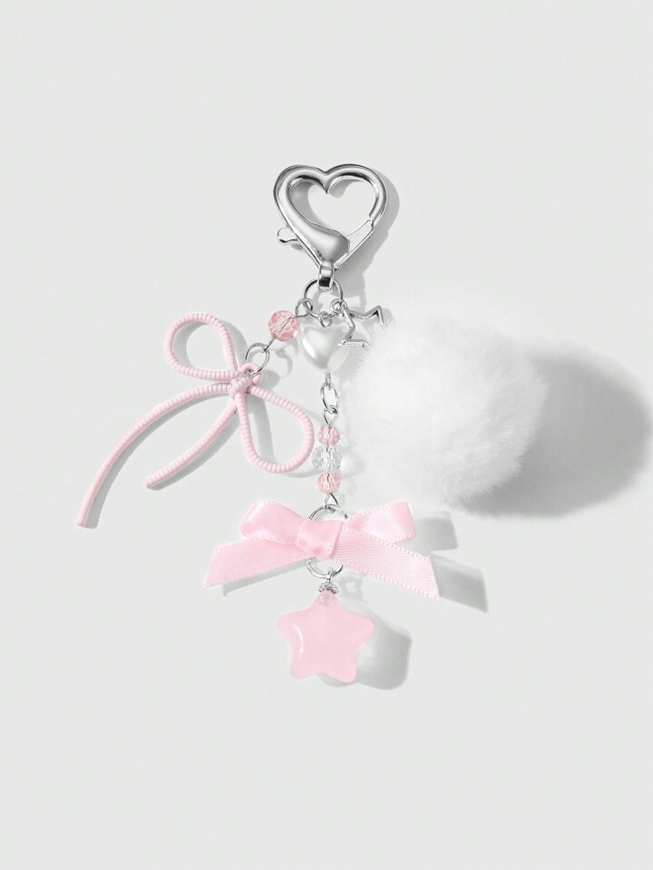 Kawaii 1pc Delicate & Cute Minimalist Design Silver Chain Faux Pearl Heart, Pompom, Bowknot, Star Pendant Keychain, Suitable For Women & Girls Daily Wear, Holiday Gift
