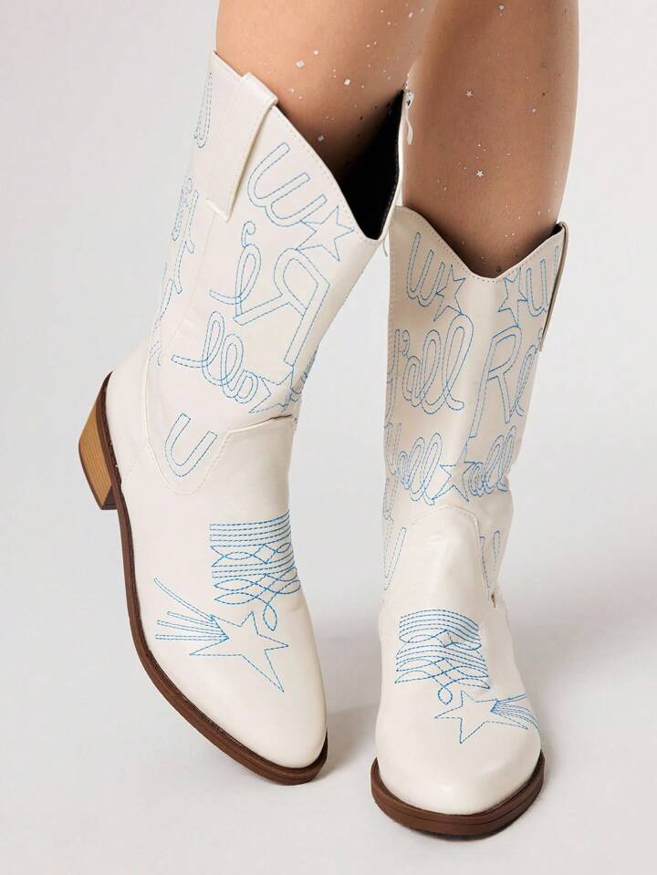 Fairycore 2025 New Fashion Embroidery Sequin Patchwork Women Round Toe Mid-Calf Boots V-Cut Long Shaft Riding Boots Chunky Heel Slim Versatile PU Tall Boots For Women