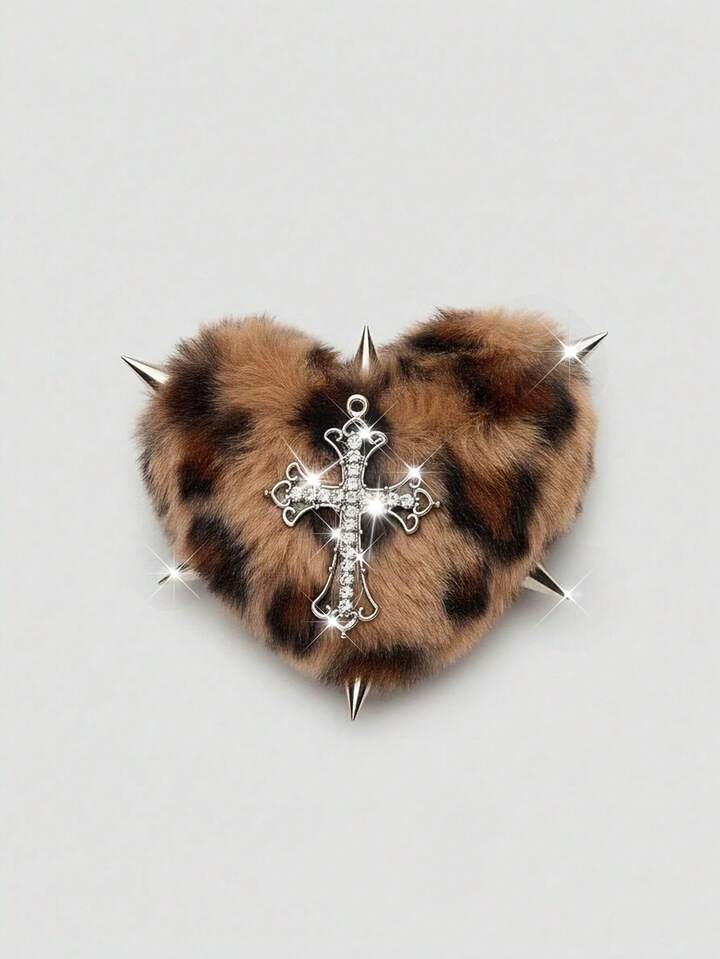 Kawaii 1 Piece Punk Style Plush Leopard Print Hairpin, Goth Leopard Print Cross Flash Diamond High Quality Fluffy Duck Bill Clip, Niche Design Fashion Rivet Hair Accessories Hairpin