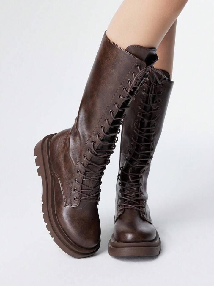 Goth Women's Knee-High Boots Fashionable Lace-Up Thick-Soled Chunky Heel Women's Boots For Christmas
