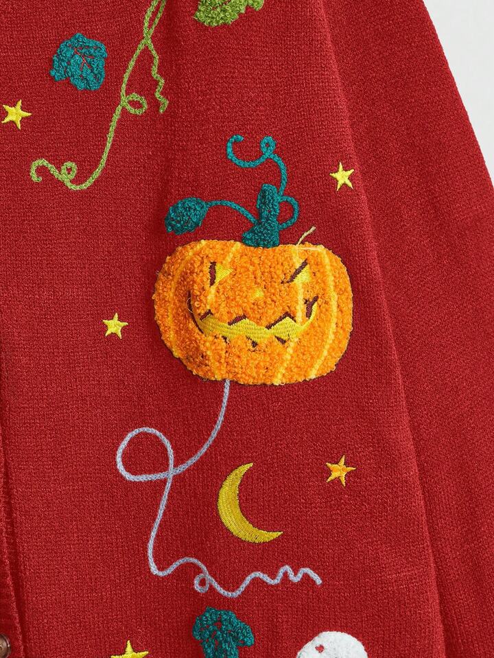Fairycore Plus Size Women Halloween Cottagecore Pumpkin, Ghost, Moon Embroidered Cardigan Sweater