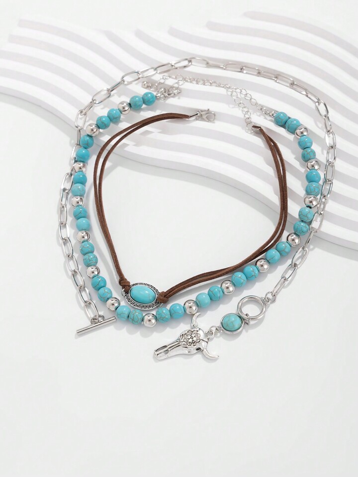 Fairycore 3pcs Fashionable Bohemian Western Style Turquoise Beaded Necklace Set With Bull Head Decoration