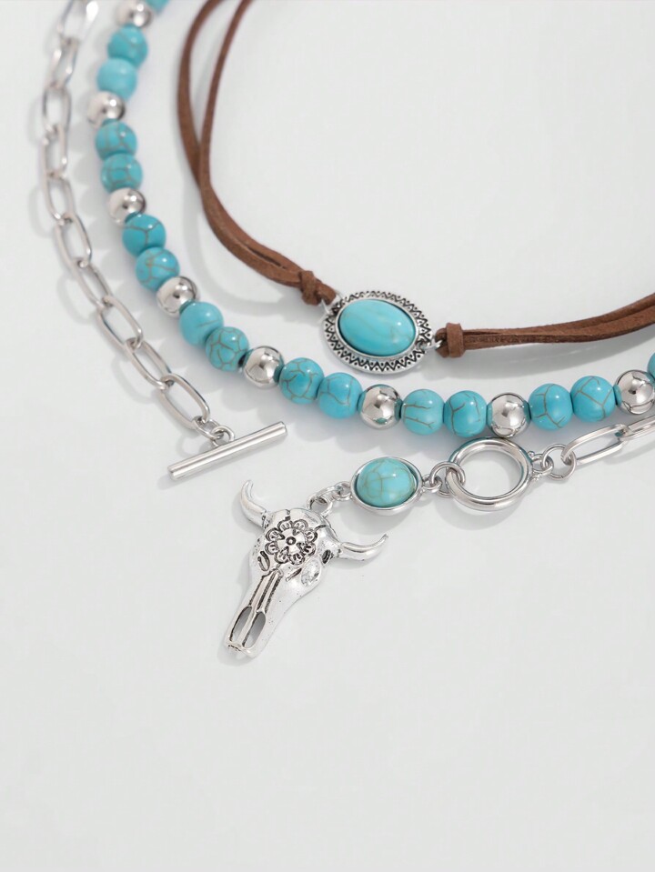 Fairycore 3pcs Fashionable Bohemian Western Style Turquoise Beaded Necklace Set With Bull Head Decoration