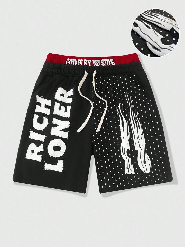 Men's Street Life Flame & Letter Print Drawstring Waist Casual Summer Shorts