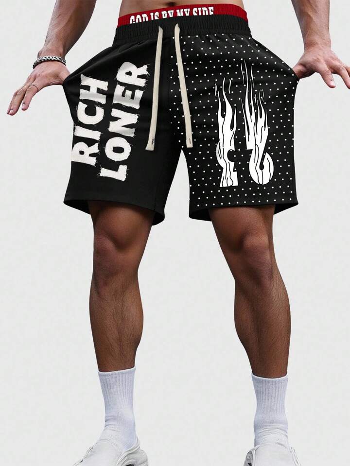 Men's Street Life Flame & Letter Print Drawstring Waist Casual Summer Shorts