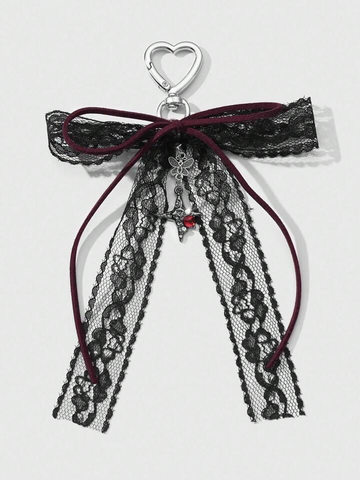 Kawaii 1pc Y2K Vintage Aesthetic Dark Goth Style Burgundy Velvet Lace Bow, Rhinestone Star Cross Butterfly DIY Keychain, Suitable For Women, Daily Accessory, Holiday Gift, Halloween