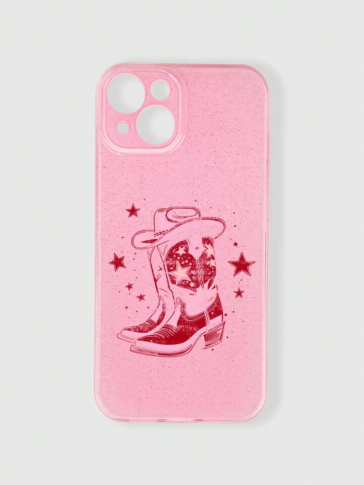 Hippie 1pc Western Style Red Cowboy Boot & Hat Star Glitter Shiny Pink Phone Case Compatible With IPhone 11 12 13 14 15 Pro Max