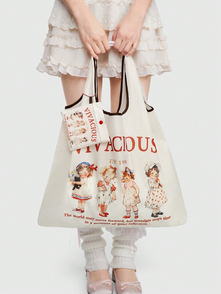 Kawaii Cartoon American Girl Printed Large Capacity Foldable Shopping Bag With Tote Bag And Coin Purse 442464