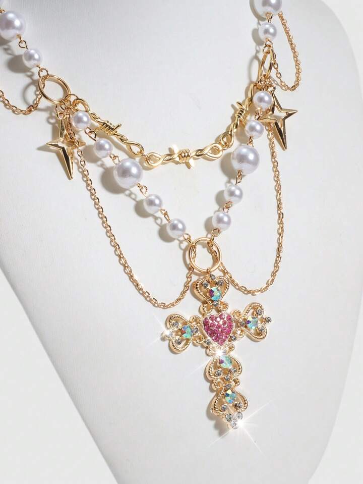 Fairycore 1pc Fall Fashionable Rhinestone Cross Layered Necklace, Suitable For Women's Daily Wear To Enhance Elegance