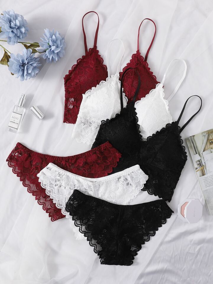 3sets Floral Lace Bra & Panty Lingerie Set