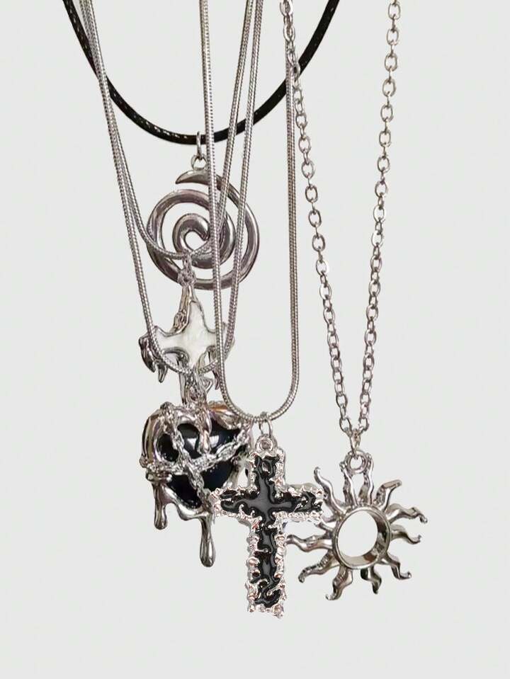 5pcs Vintage Gothic Cross, Sun, Moon, Moth, Skull Necklace Set