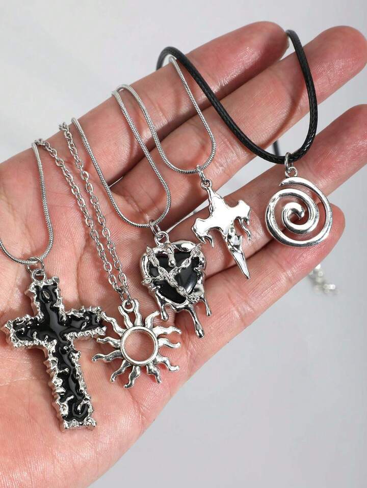 5pcs Vintage Gothic Cross, Sun, Moon, Moth, Skull Necklace Set