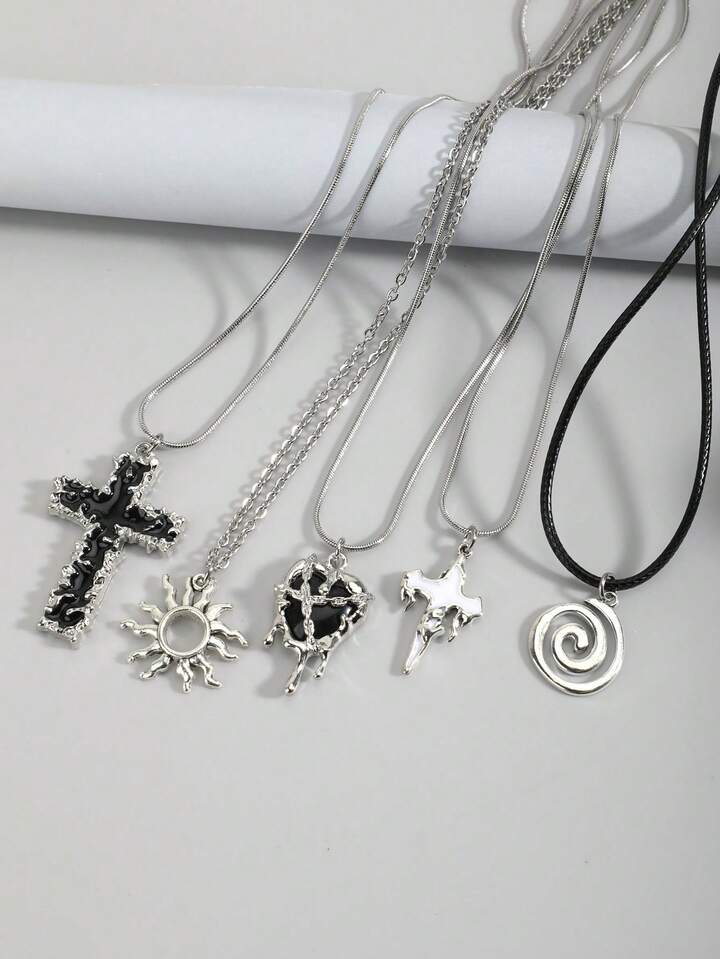 5pcs Vintage Gothic Cross, Sun, Moon, Moth, Skull Necklace Set