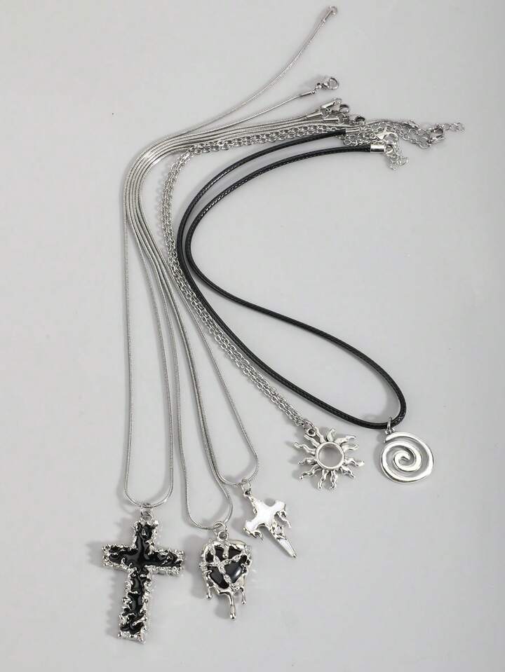 5pcs Vintage Gothic Cross, Sun, Moon, Moth, Skull Necklace Set 4 5pcs Vintage Gothic Cross, Sun, Moon, Moth, Skull Necklace Set