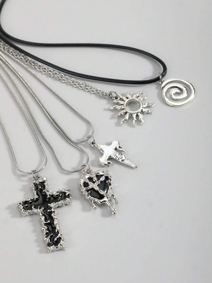 5pcs Vintage Gothic Cross, Sun, Moon, Moth, Skull Necklace Set 5 5pcs Vintage Gothic Cross, Sun, Moon, Moth, Skull Necklace Set