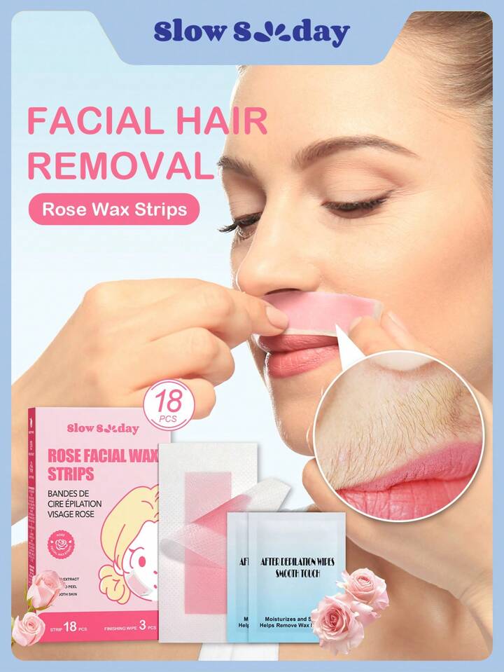 SlowSunday Rose Facial Wax Strips, Wax Hair Removal, Designed For Lips, Eyebrows, For A Soft, Nourished Finish, With Oil Pack To Removes Residue, For Valentine's Day, Valentines Gift, Valentines Day Gift, Ideal For Party